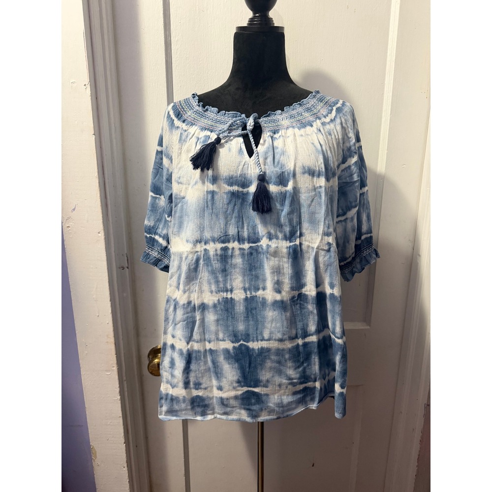 New Directions Blue Tie Dye 100% Cotton Short Sleeve Tassel Blouse Medium
